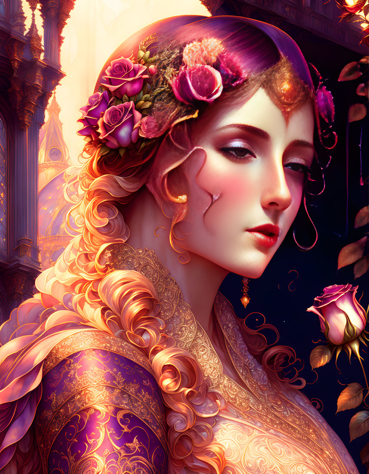 Illustrated portrait of woman with golden curls and ornate floral jewelry on warm floral backdrop