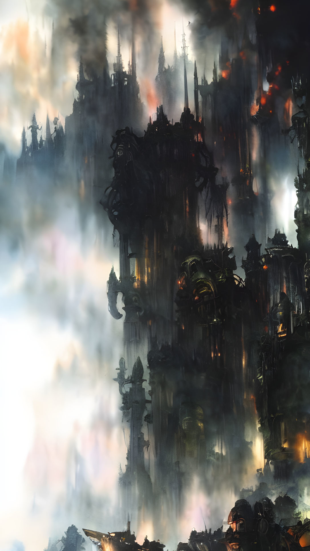 Ethereal fantasy landscape with dark spires and glowing embers