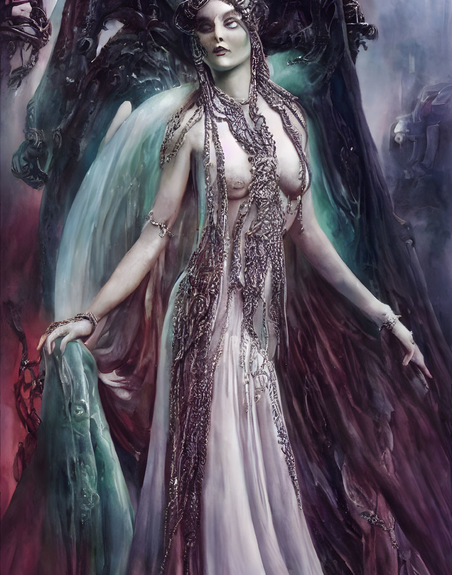 Mysterious woman in intricate fantasy gown against dreamy backdrop