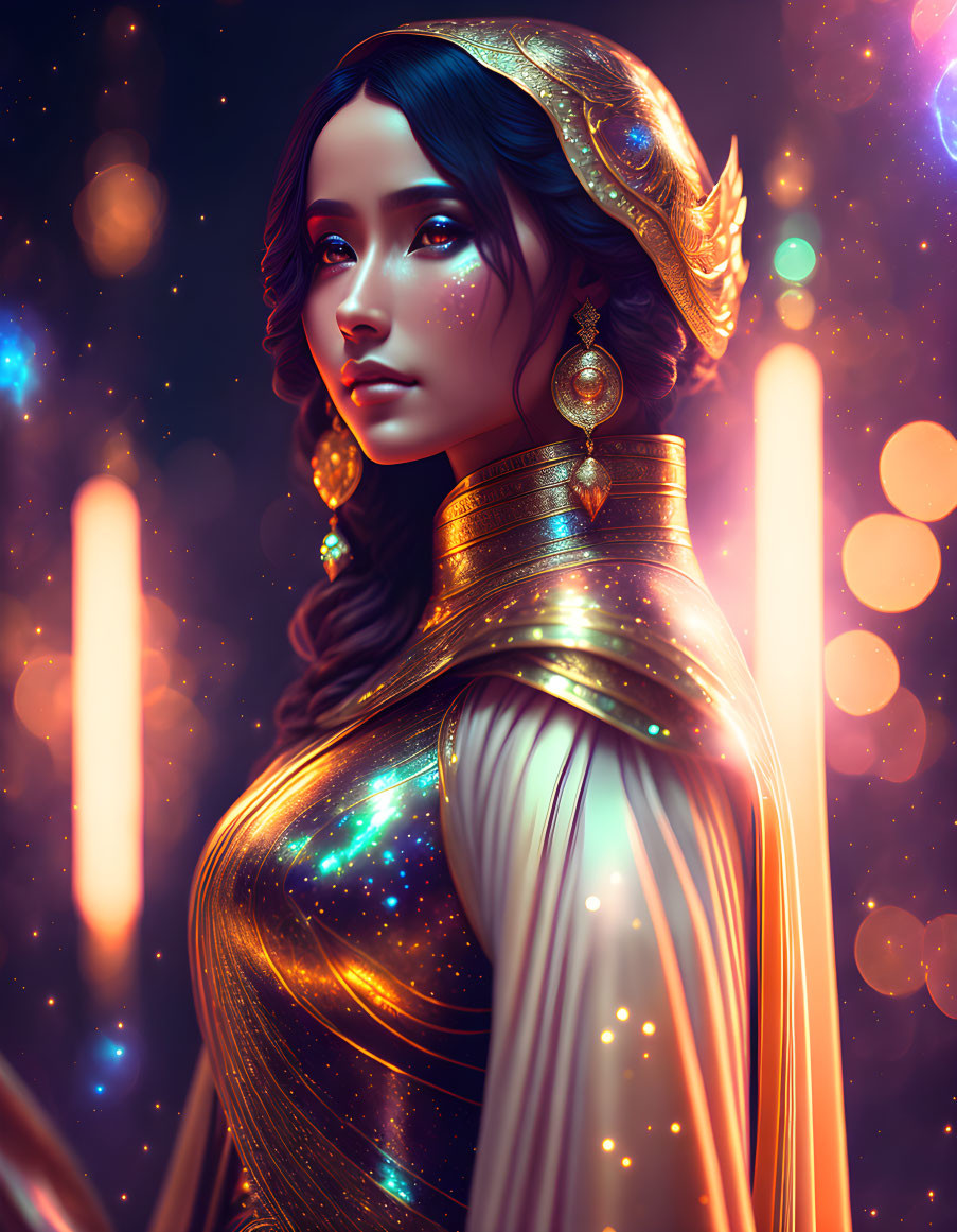 Celestial-themed woman digital artwork with star-adorned attire.