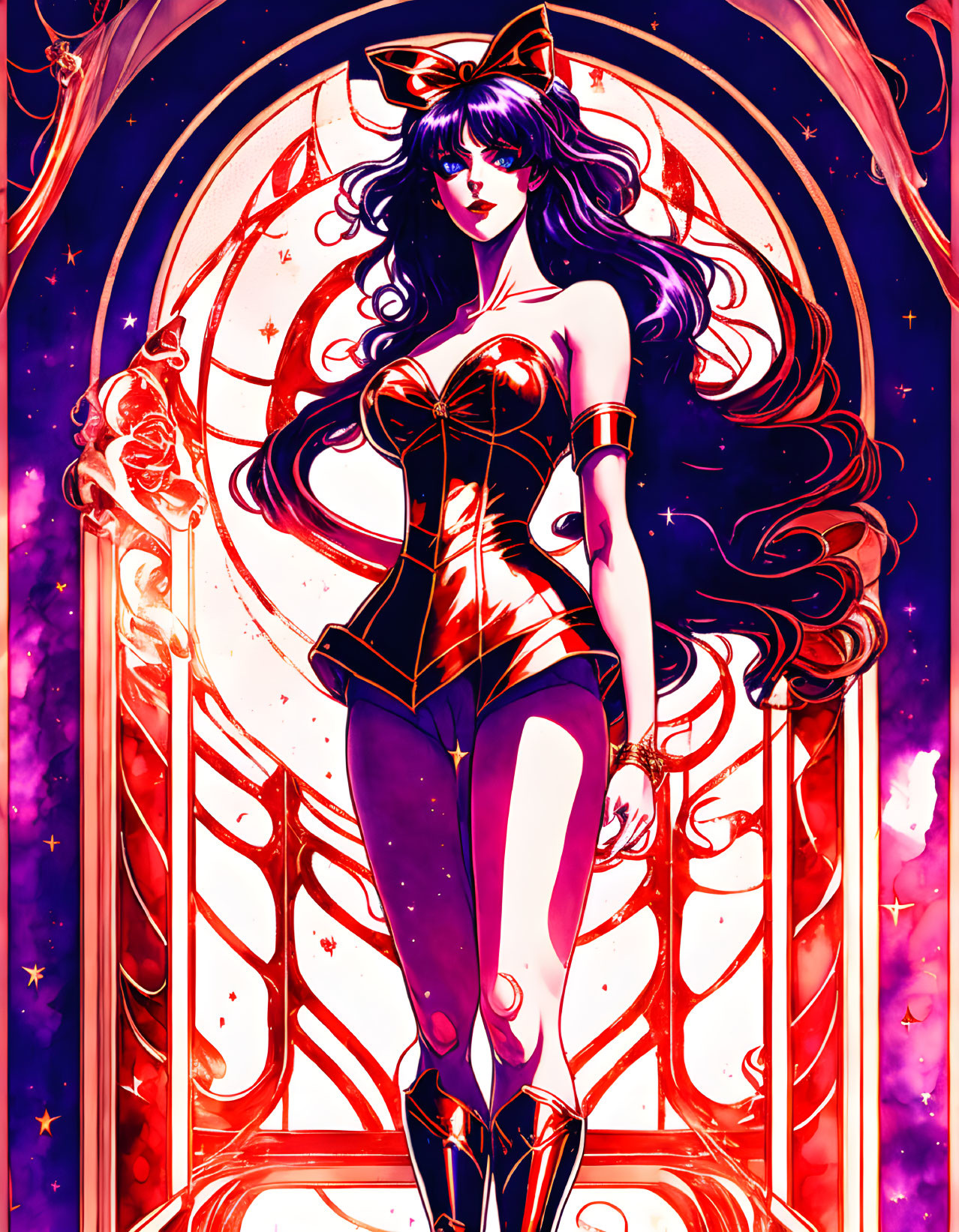 Illustration of a woman with black hair and cat ears in red bodysuit by cosmic window