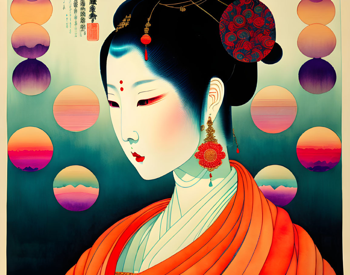 Geisha illustration with serene expression and traditional adornments against colorful backdrop