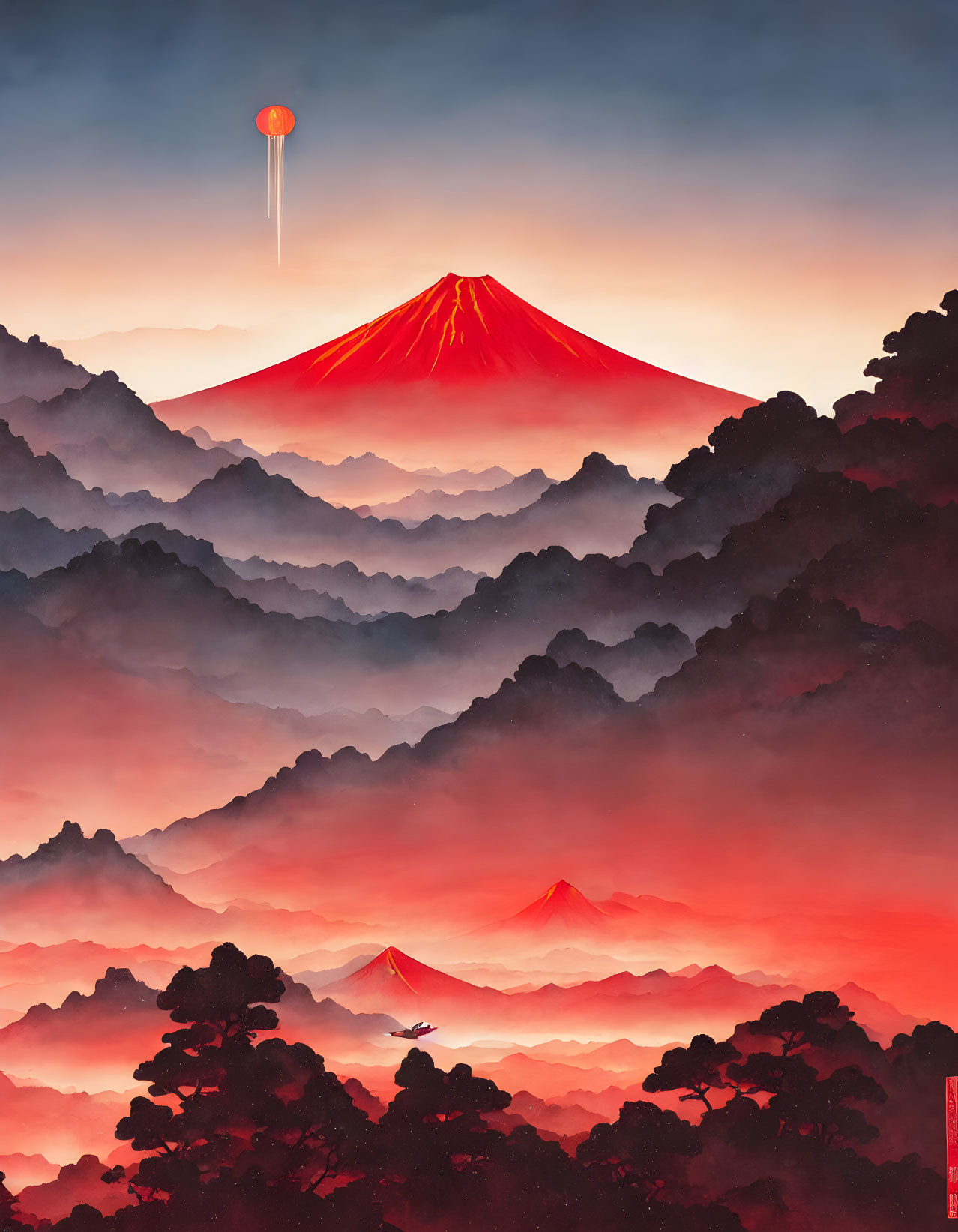 Misty Landscape with Red Mount Fuji and Sky Lantern at Dawn or Dusk