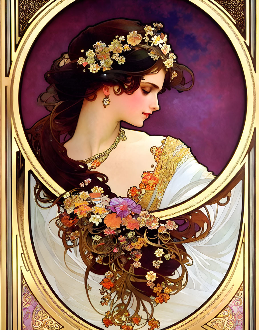 Illustrated portrait of woman with dark hair, flowers, golden headband, and jewelry on purple backdrop