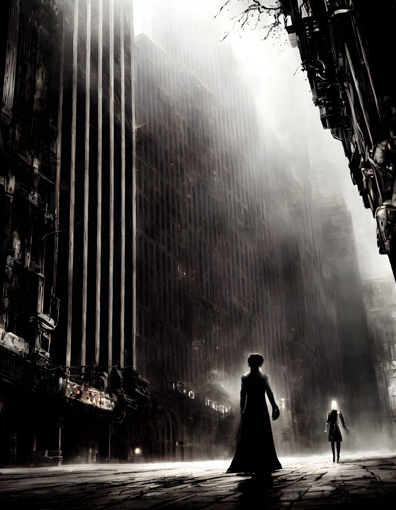 Dark Dystopian Cityscape with Silhouetted Figures