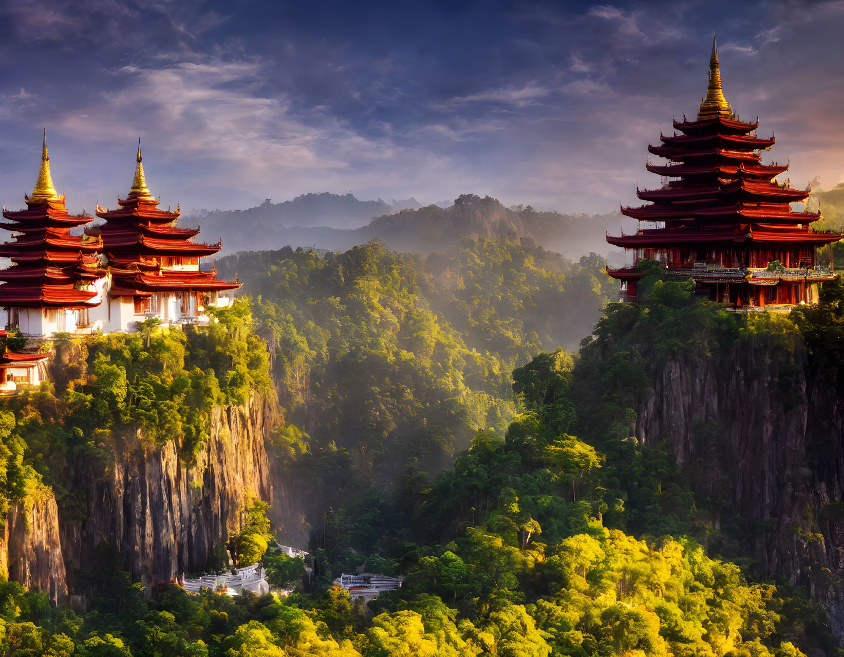 Red Pagodas on Green Cliff with Misty Mountains in Background