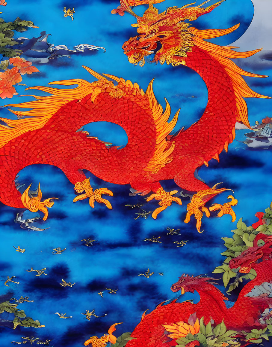 Colorful Traditional Asian Dragon Illustration in Sky with Clouds