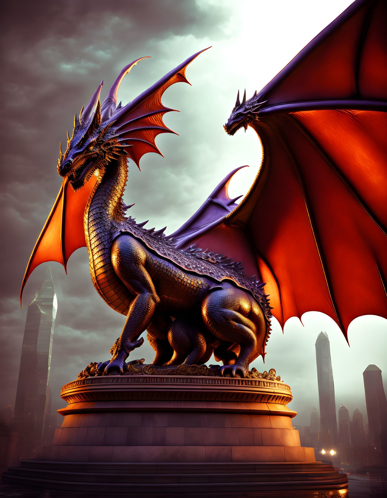 Fiery dragon on pedestal with wings against cityscape and sky