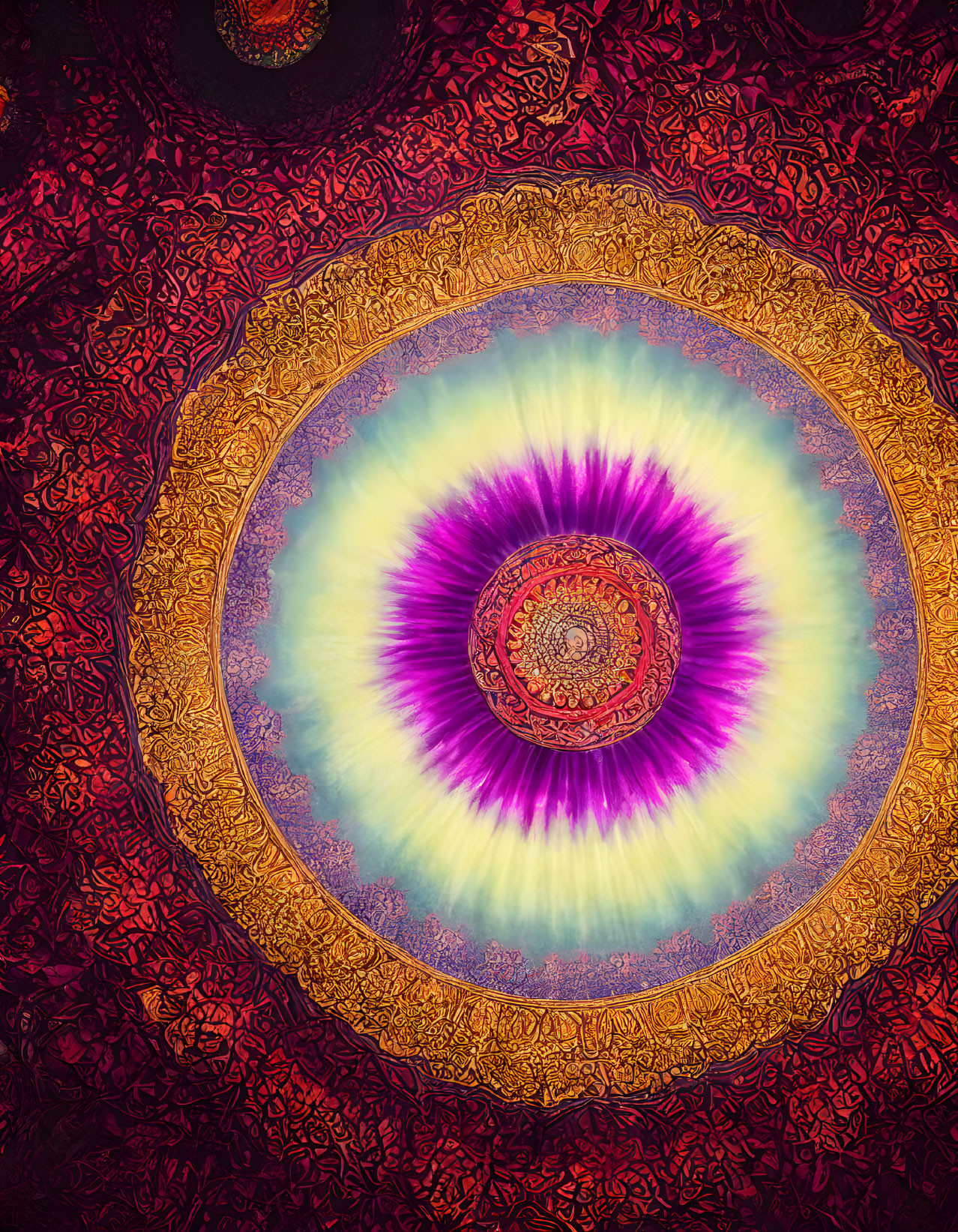 Colorful Psychedelic Fractal Design with Purple and Yellow Burst