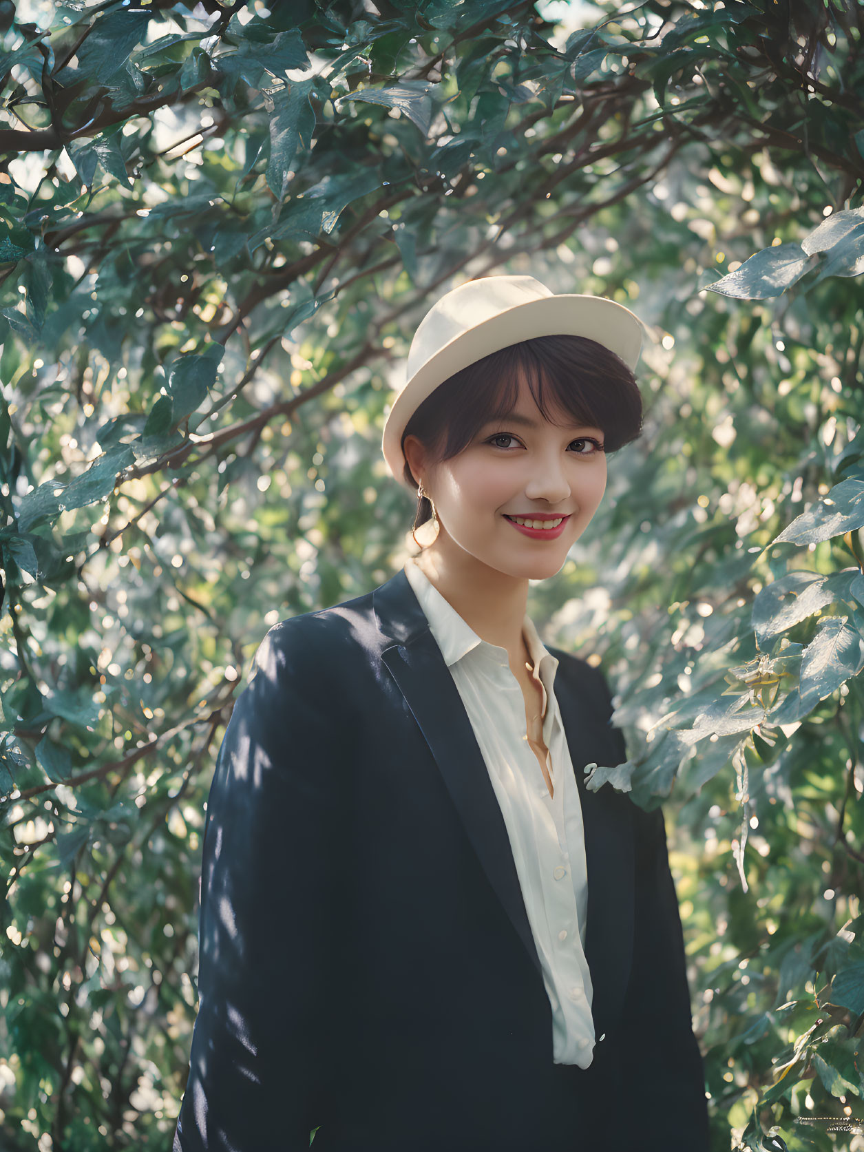 Smiling woman in white hat and blazer surrounded by lush green foliage