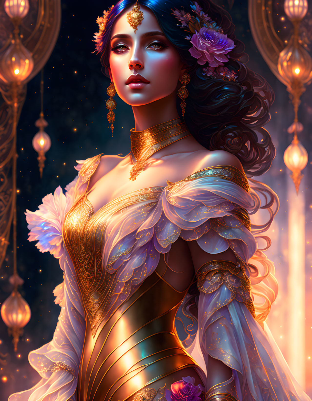 Regal woman in gold and white gown with floral accents under starry night sky