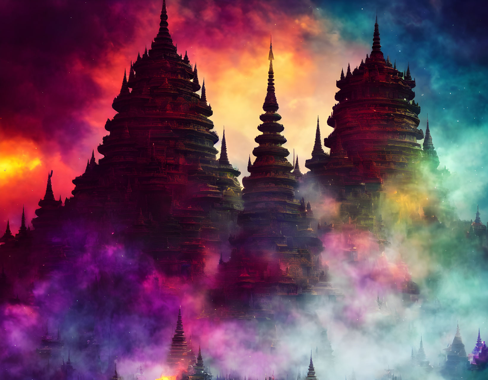 Vibrant multi-tiered pagodas in mystical fog and colorful sky