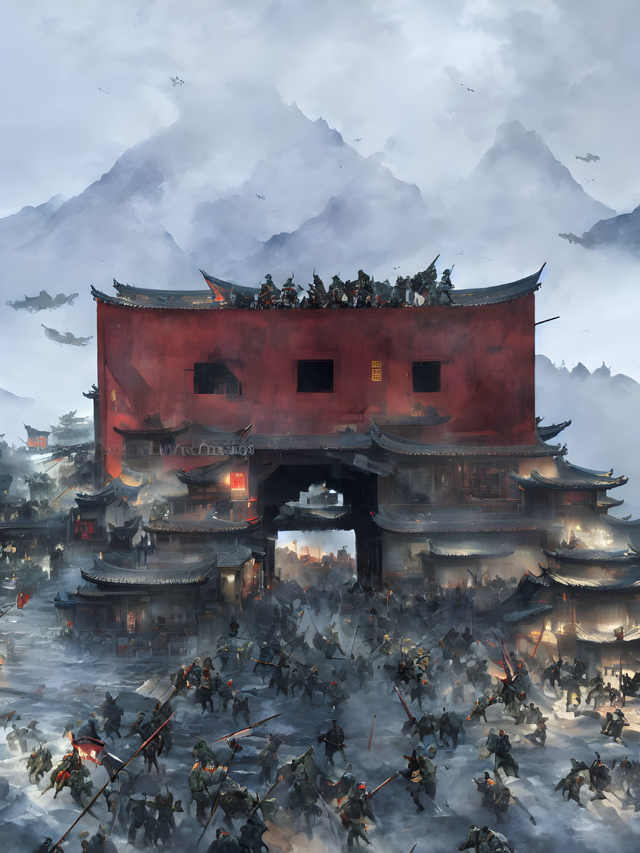 Warriors clash at ancient Asian fortress in foggy mountain landscape