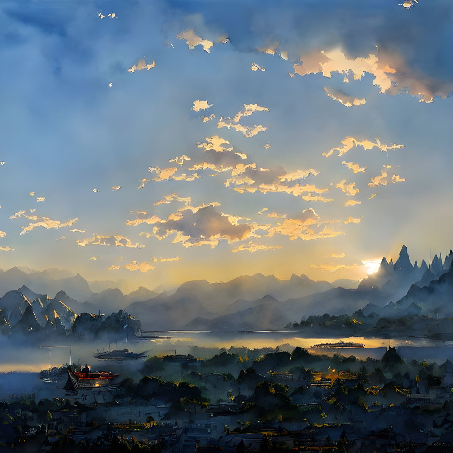 Golden sunlight over misty village and mountains