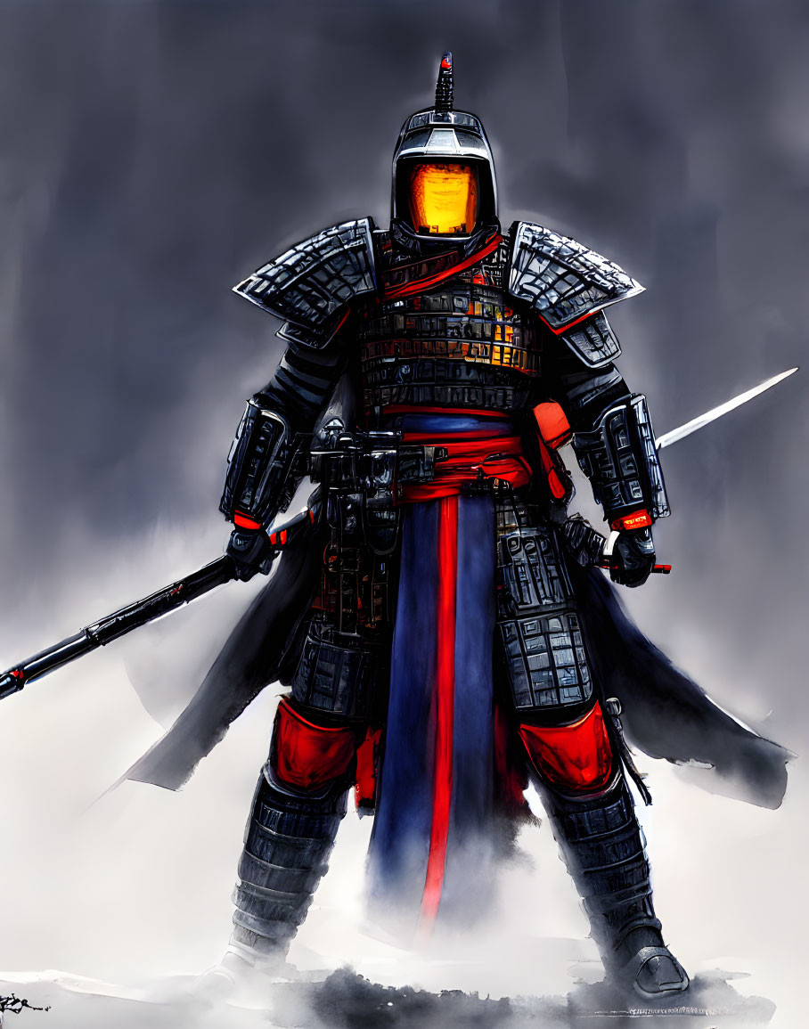 Armored samurai warrior with glowing visor and katana in misty backdrop