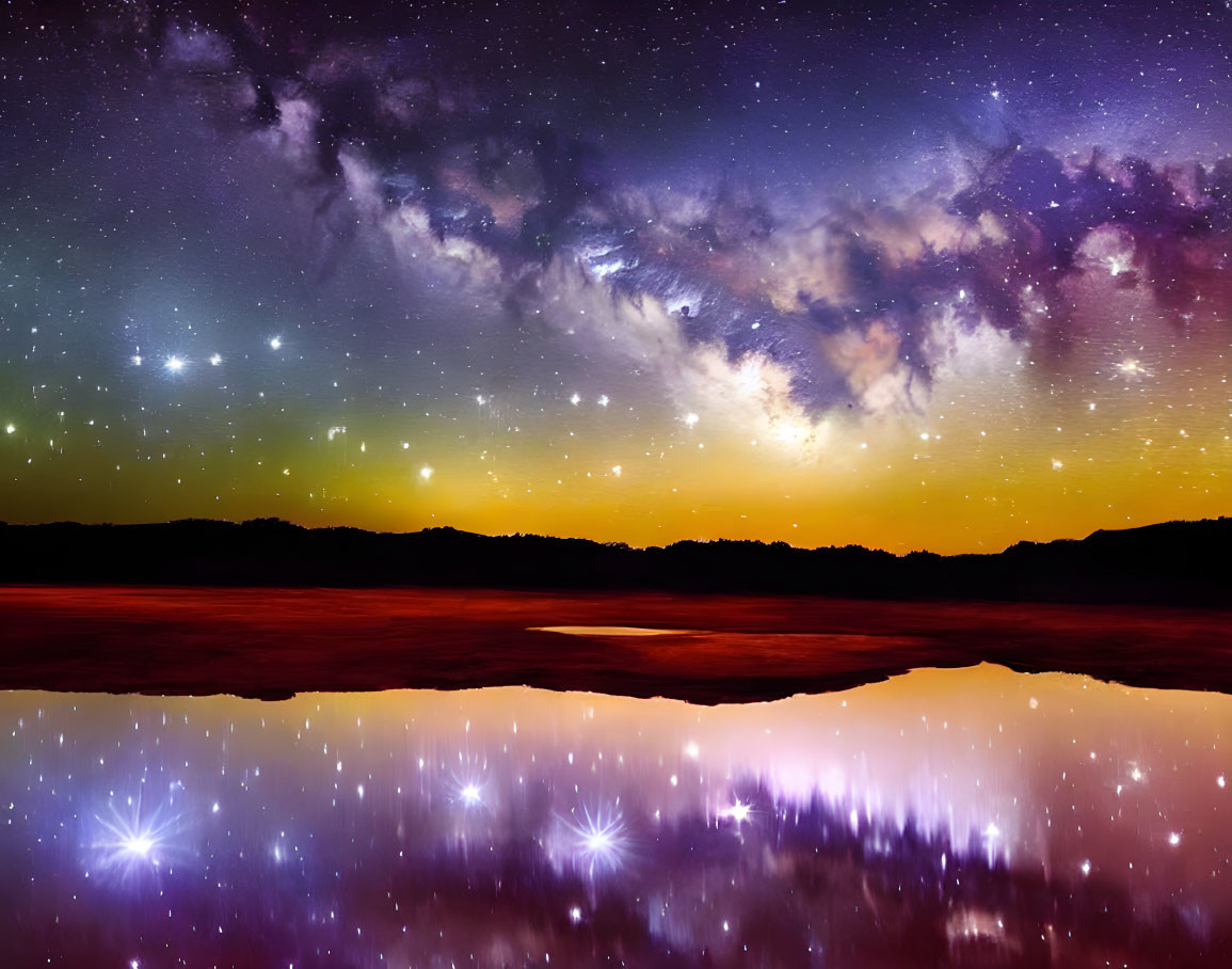 Nighttime Lake Scene with Starry Sky and Colorful Horizon