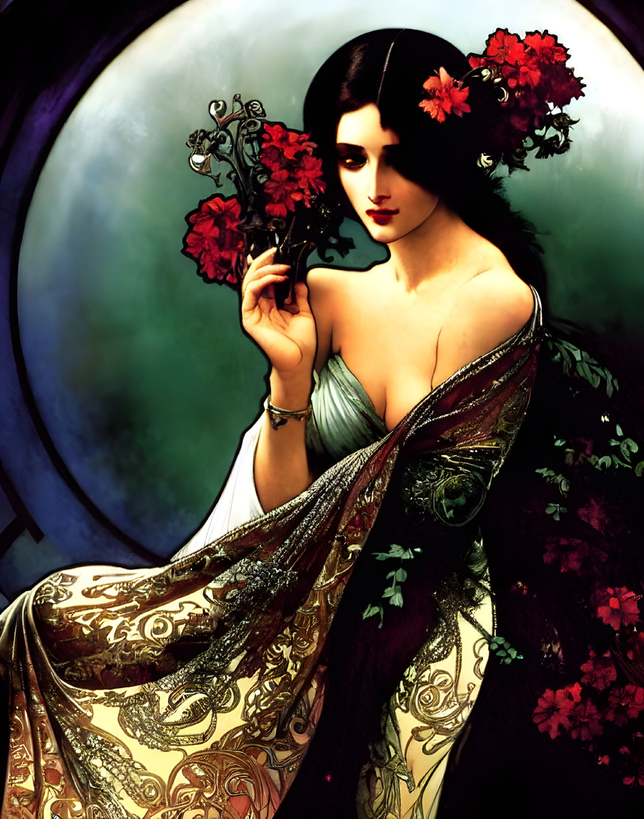 Illustrated woman with dark hair and red flowers holding a masquerade mask against moonlit backdrop