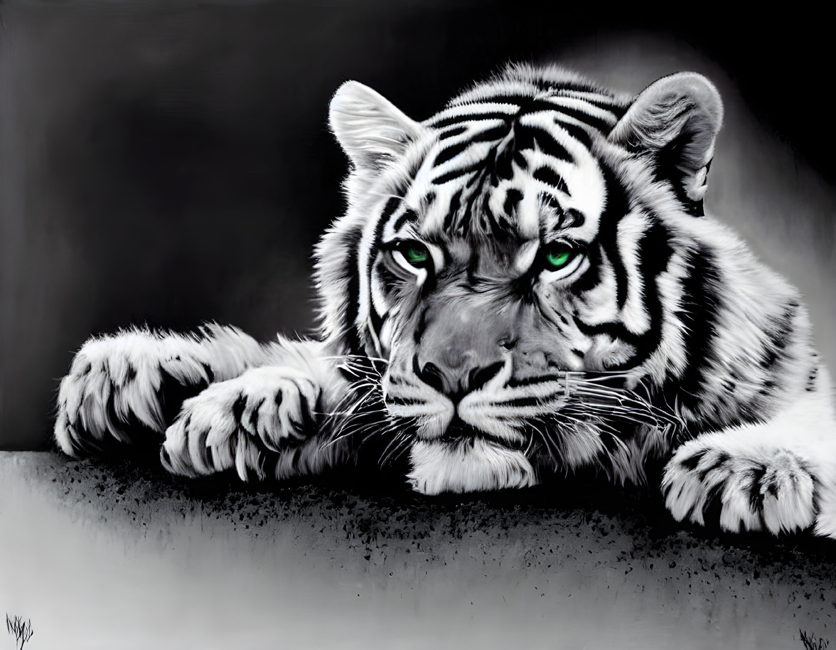 Monochrome tiger painting with green eyes resting on paws