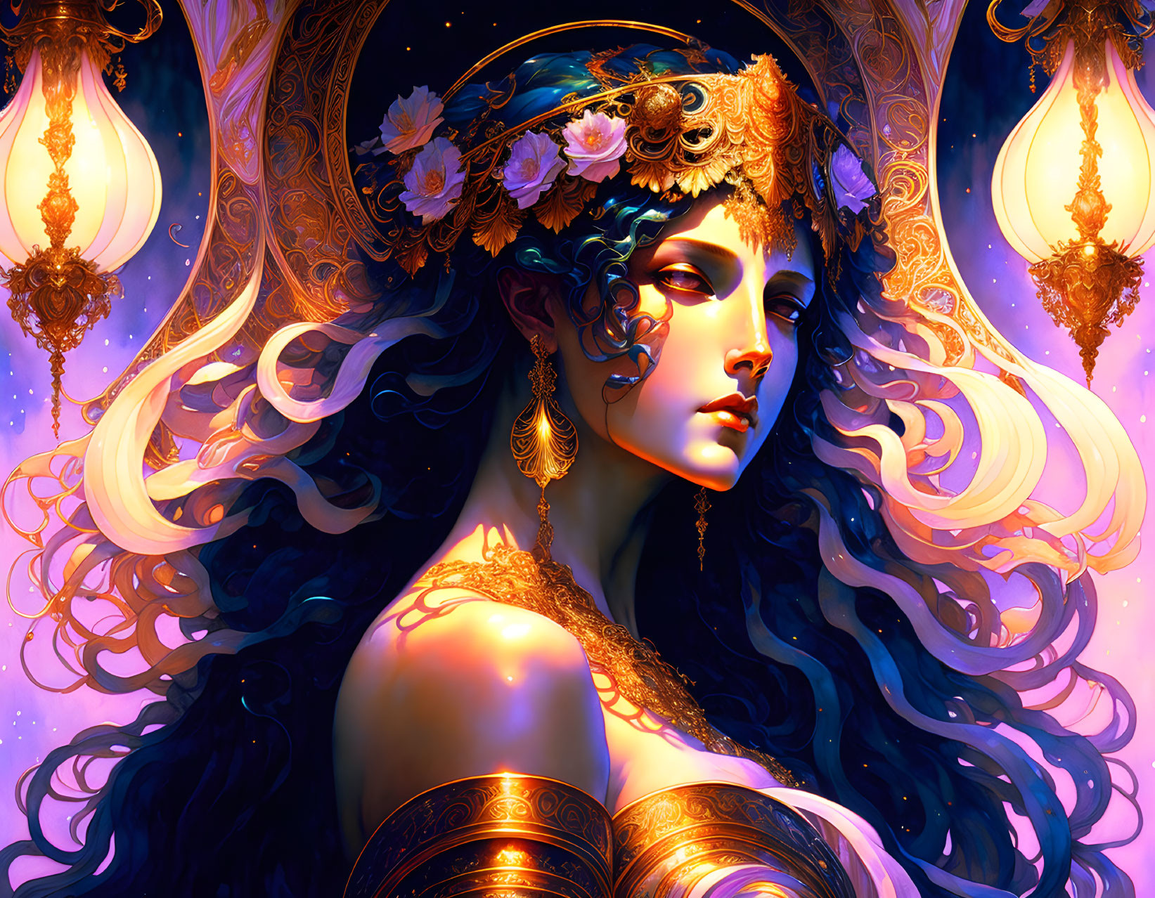 Vibrant illustration of mystical woman with blue hair and gold jewelry