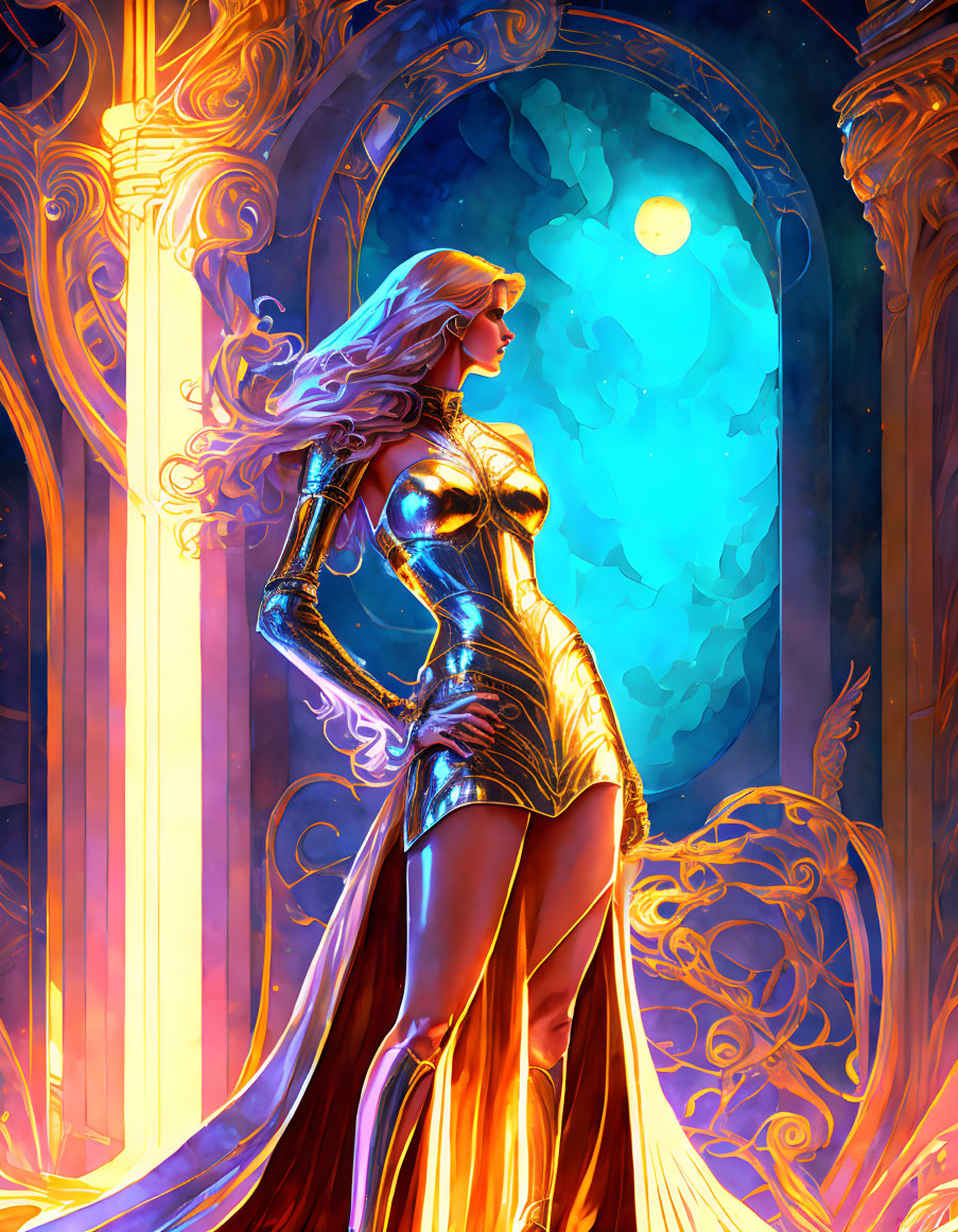 Golden-armored woman near glowing portal under blue moon