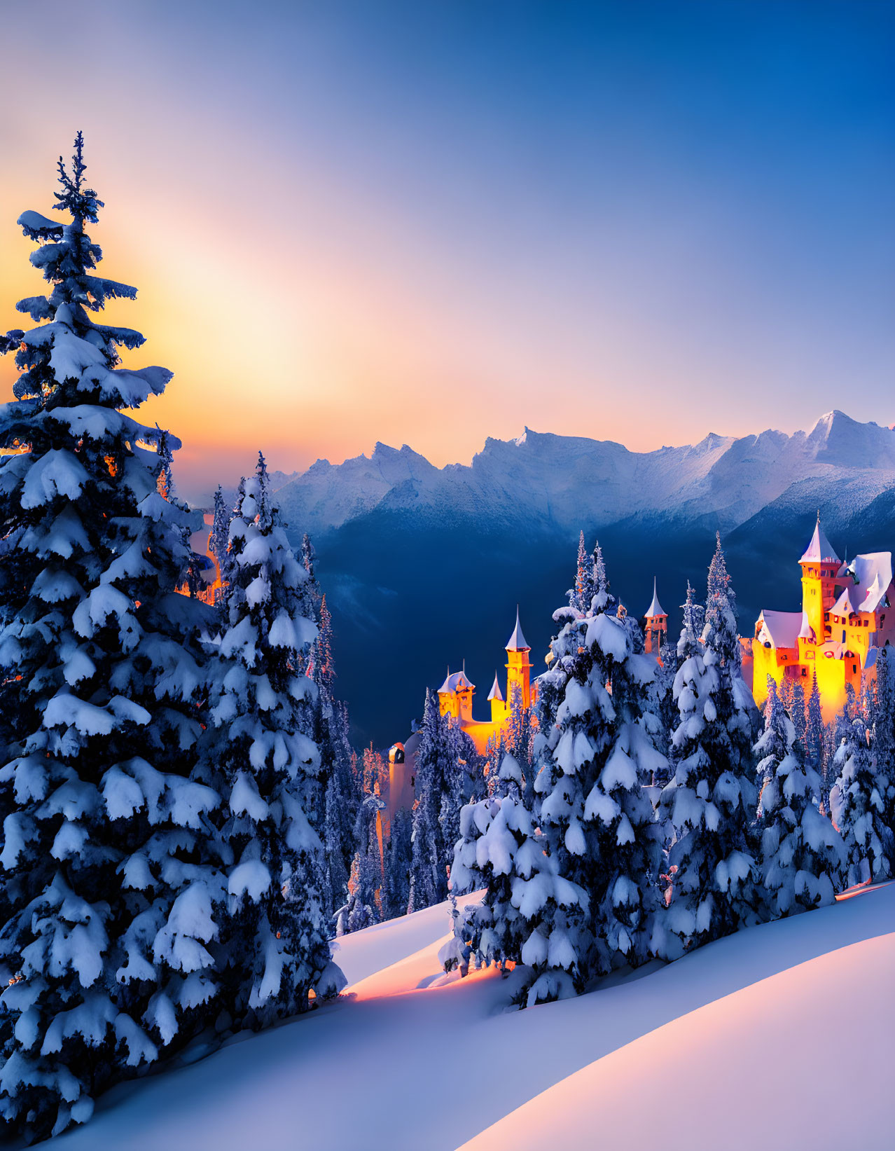Twilight scene: Snow-covered pine trees, castle, mountains, gradient sky