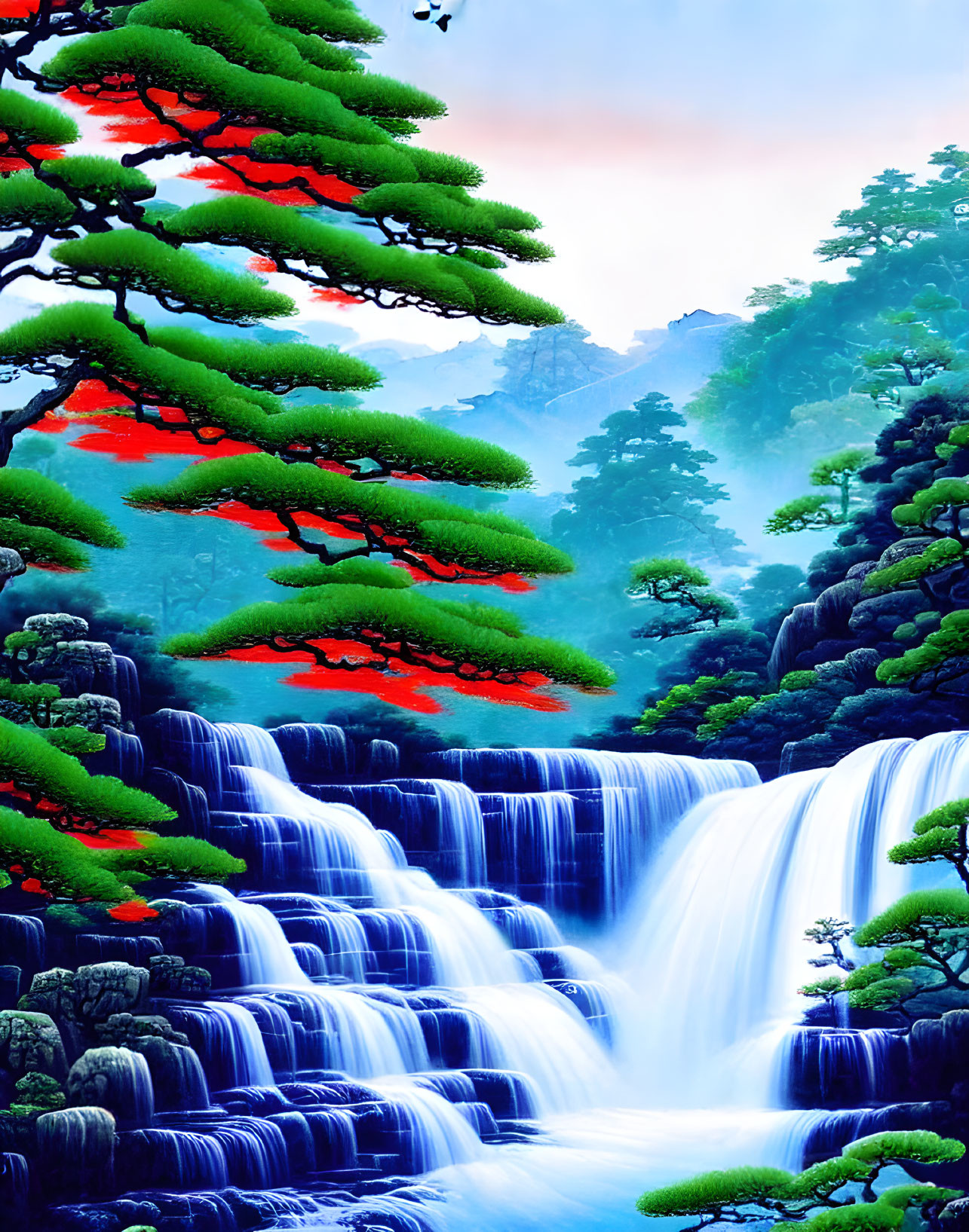 Stylized image: Vibrant waterfall in lush greenery under pink sky