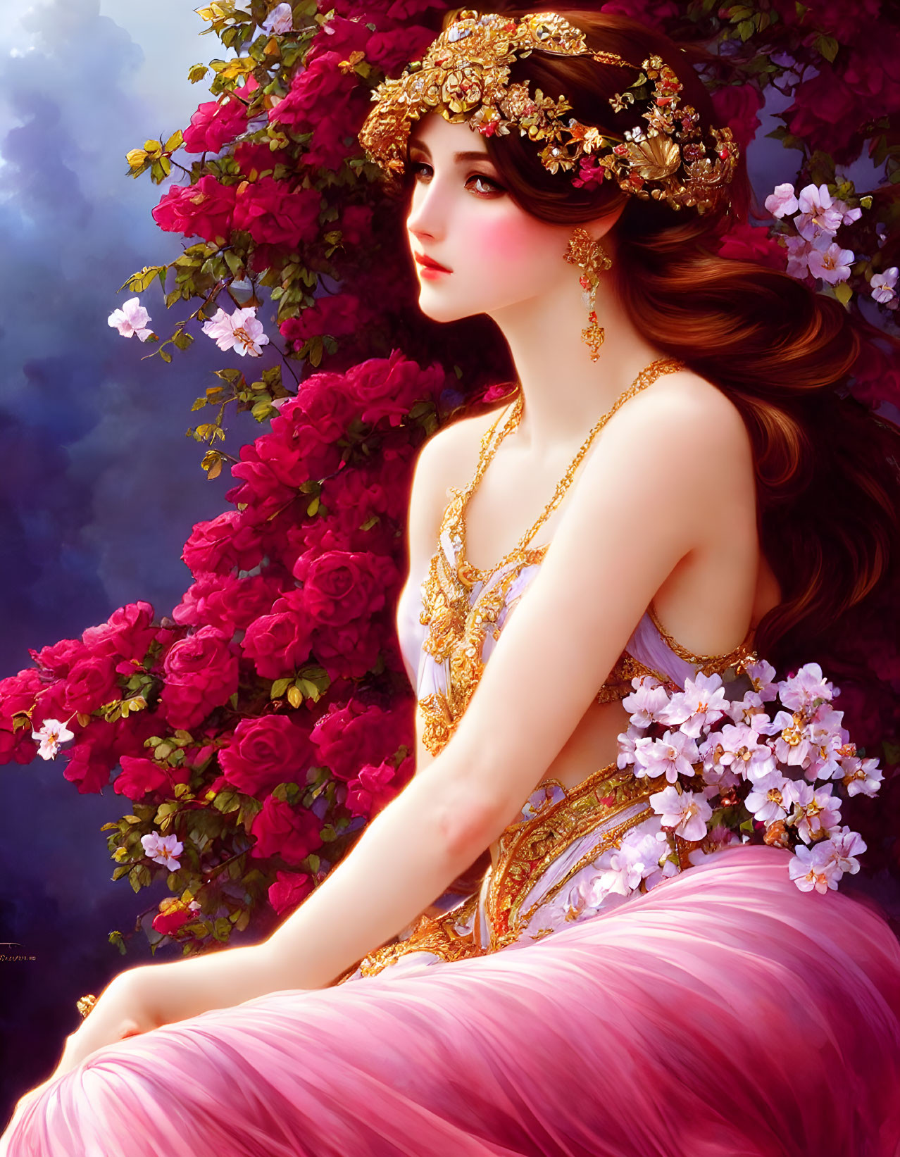 Woman in pink gown with gold headdress among red flowers