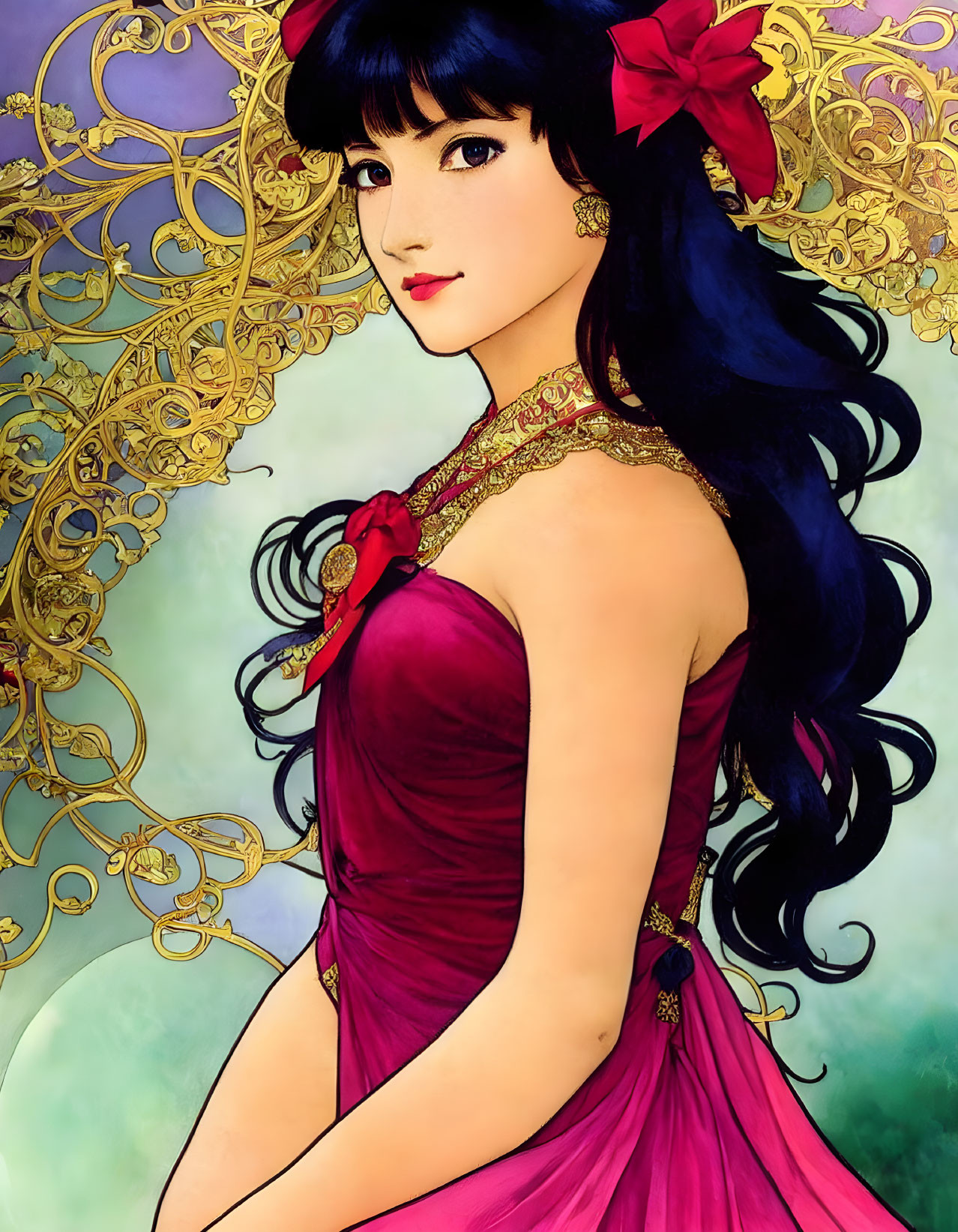 Stylized illustration of woman with long black hair in pink dress