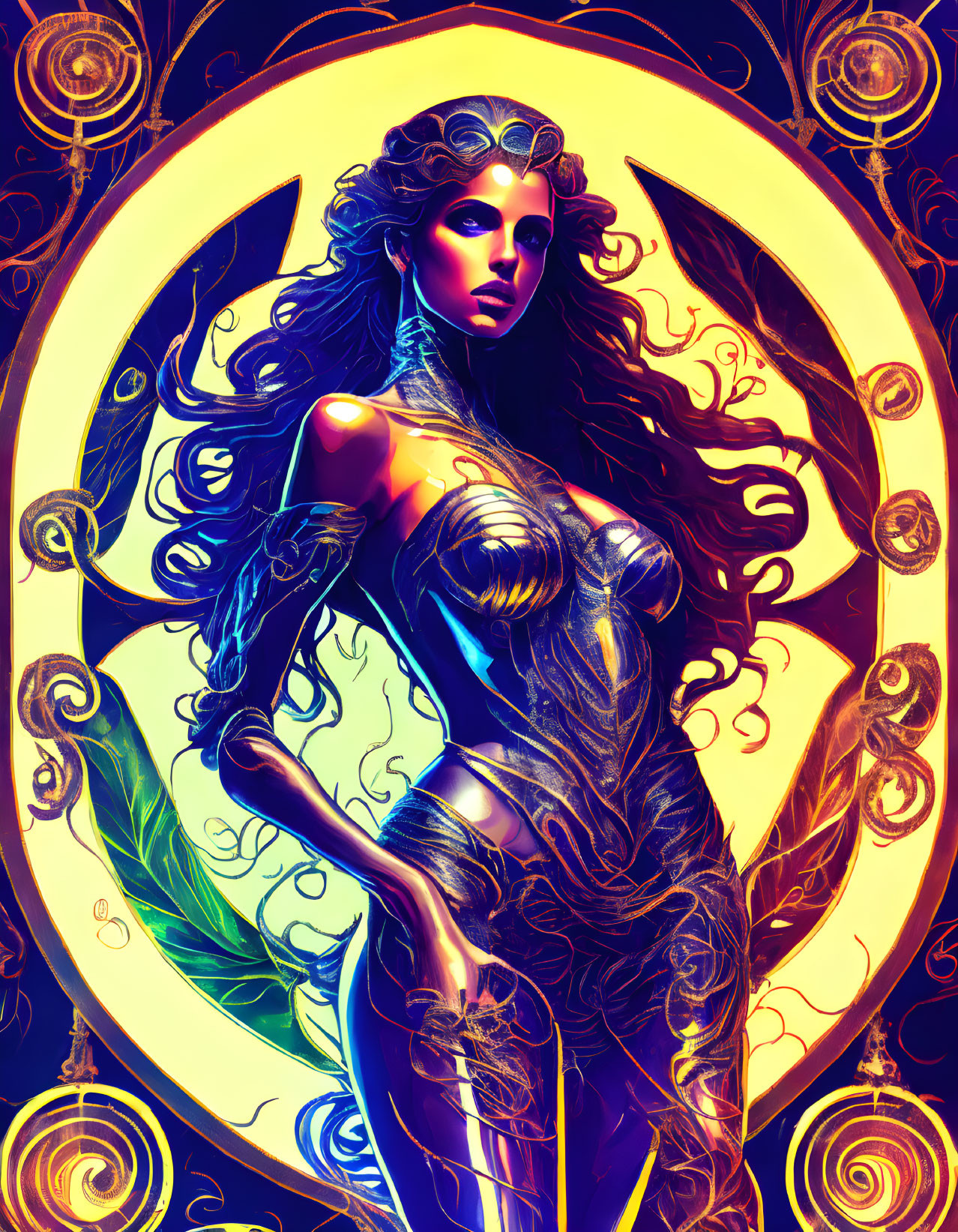 Colorful Woman Illustration with Flowing Hair and Ornate Body Designs Standing on Crescent Moon
