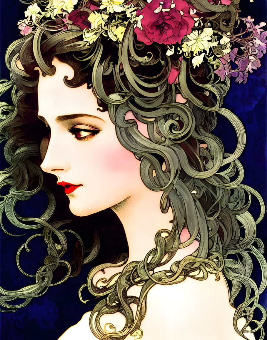 Colorful flower-adorned woman with dark, curly hair on deep blue background