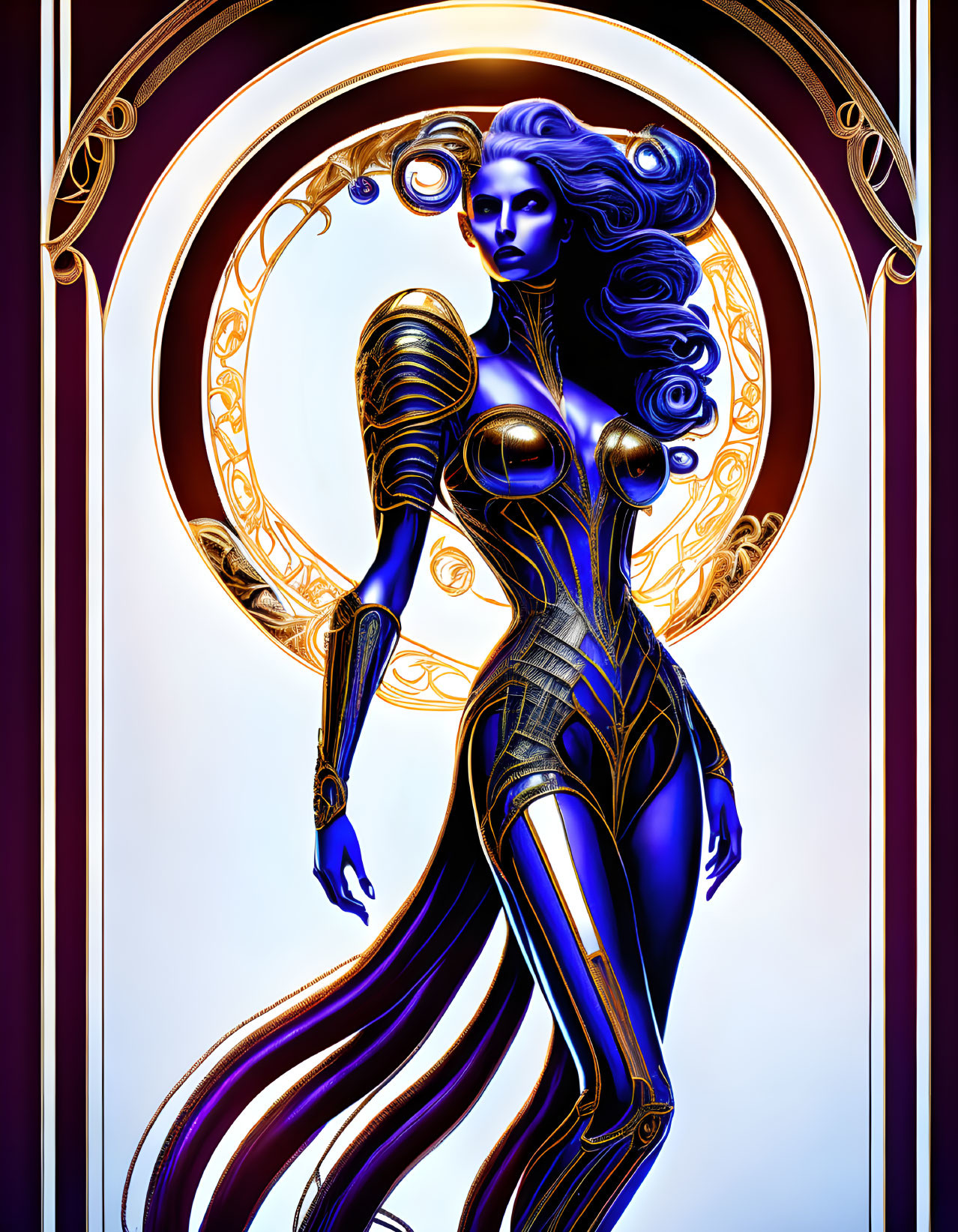 Stylized futuristic digital art: Blue and gold female figure with mechanical elements in ornate circular backdrop