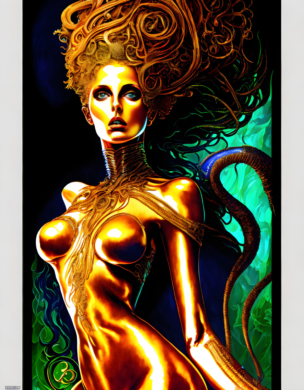 Colorful artwork: woman with golden skin and serpent against dark background