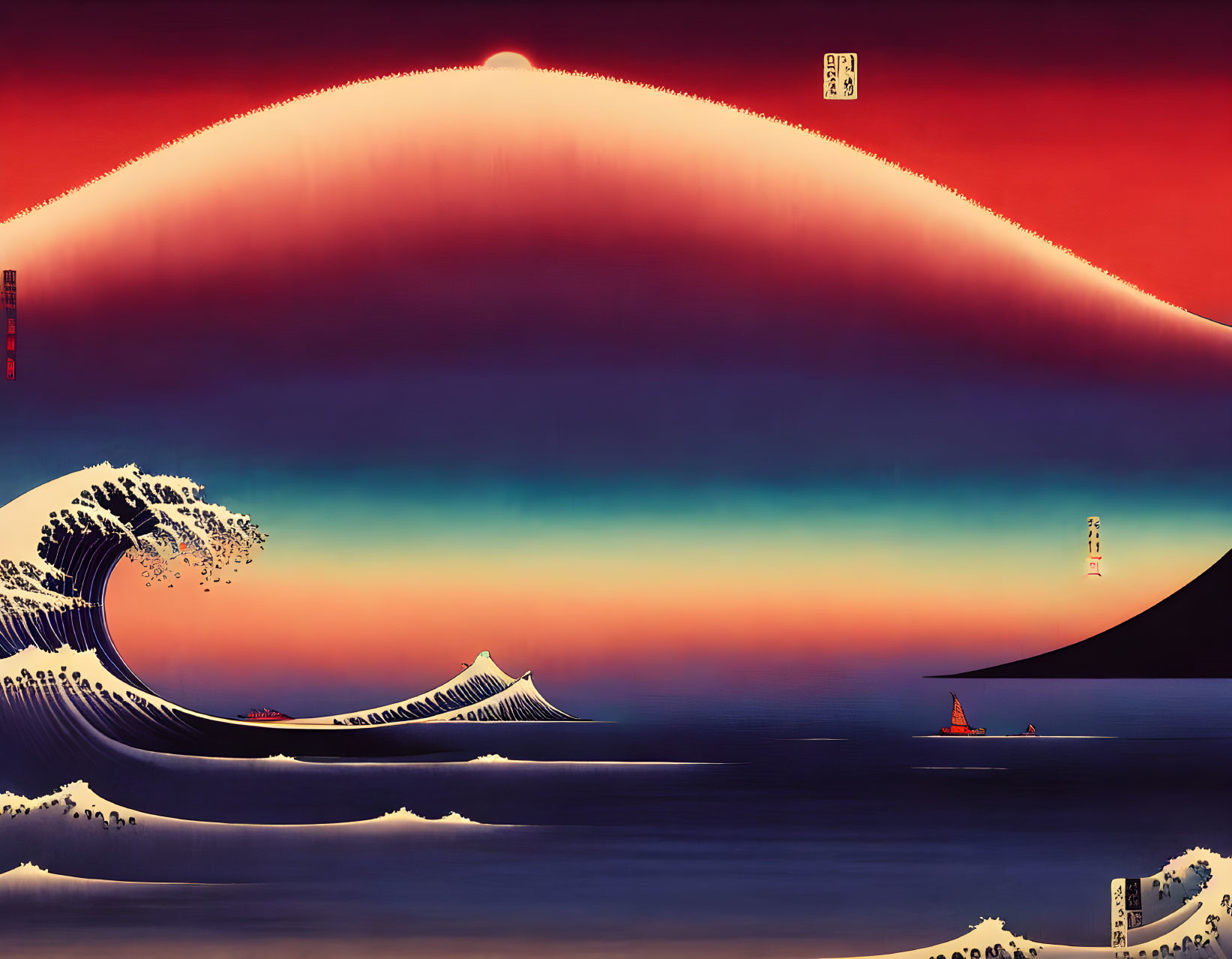 Stylized artwork: large wave, Mount Fuji, red sky, boats