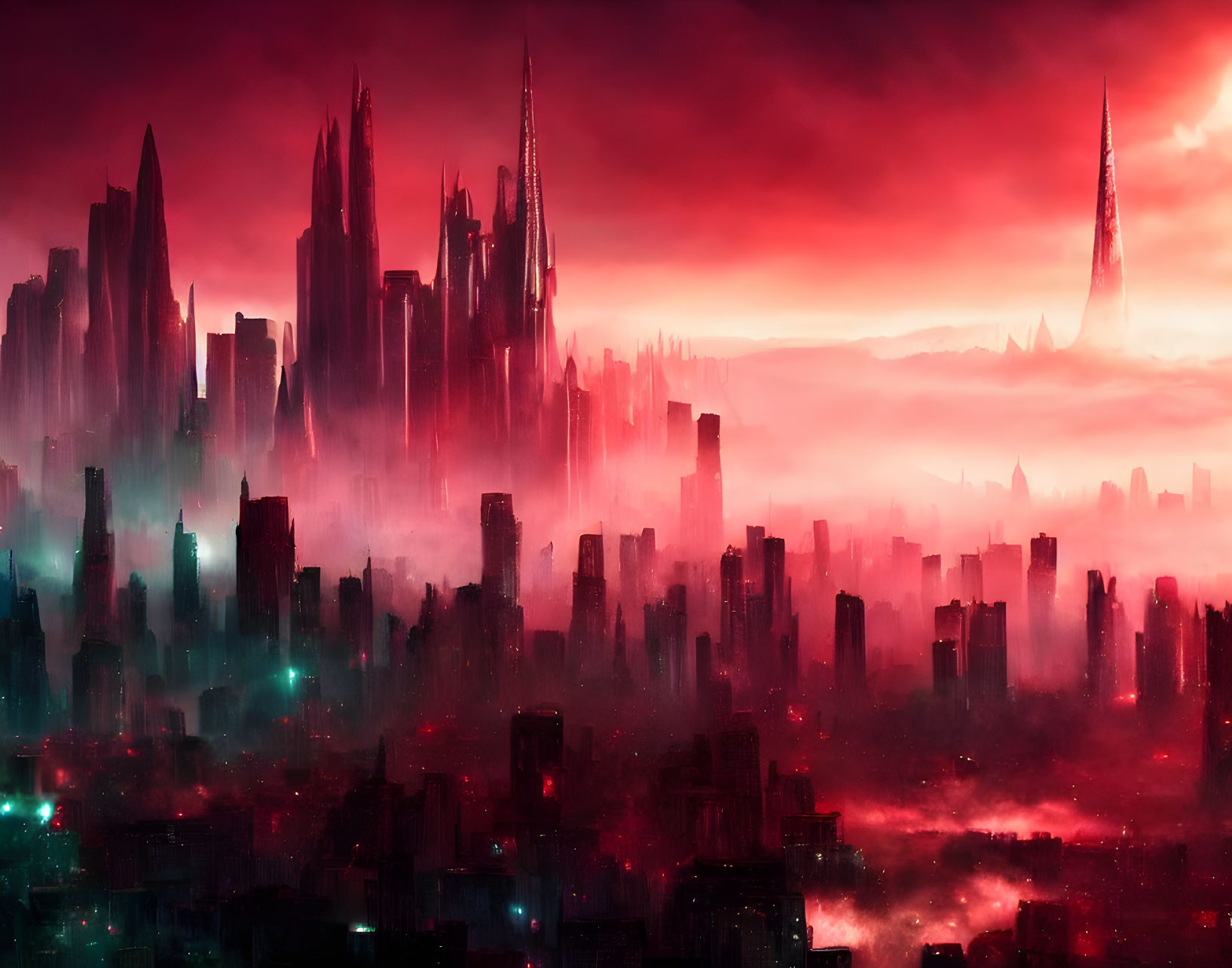 Futuristic cityscape with misty skyscrapers under red and pink sky