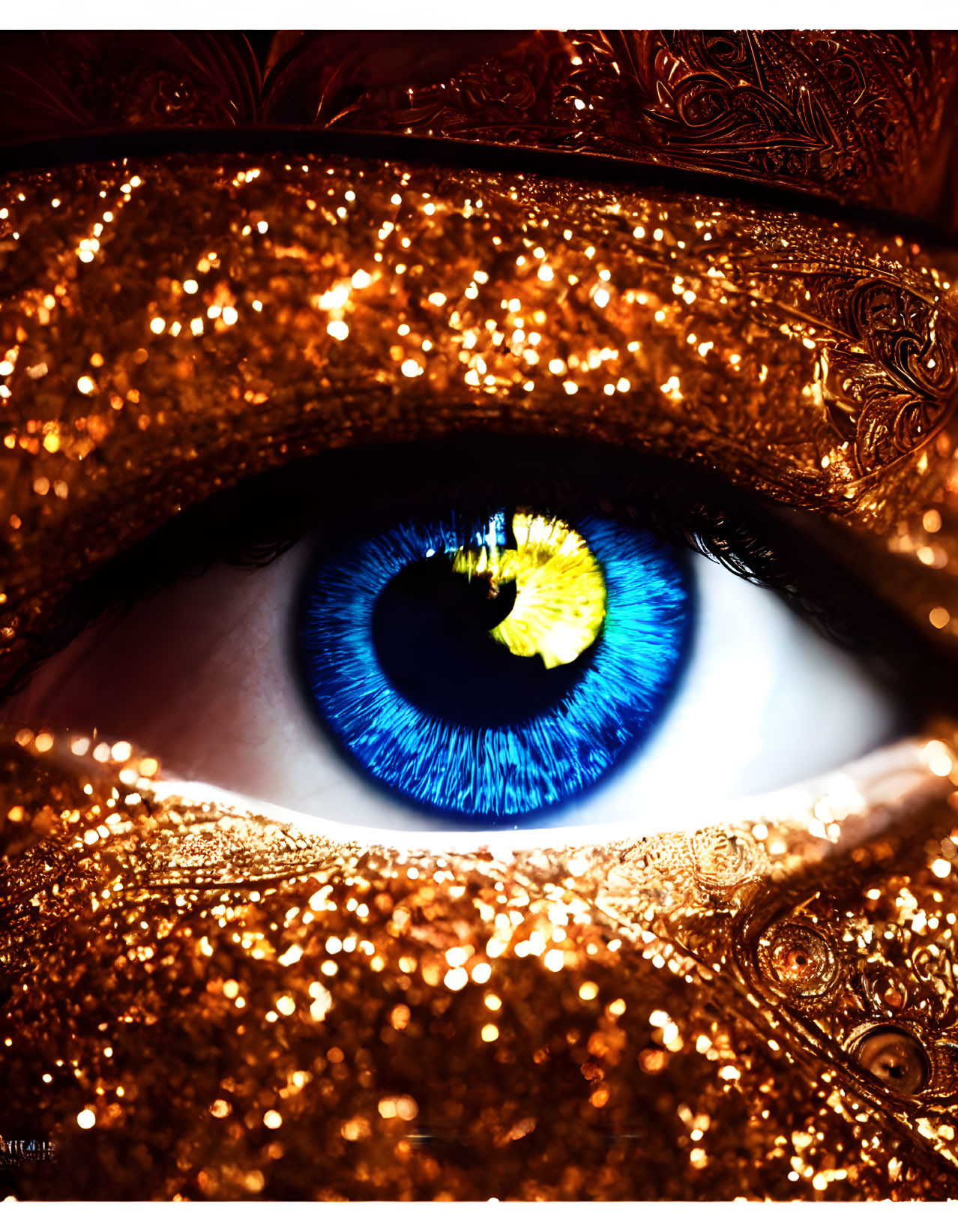 Vibrant blue eye with golden makeup and ornate patterns