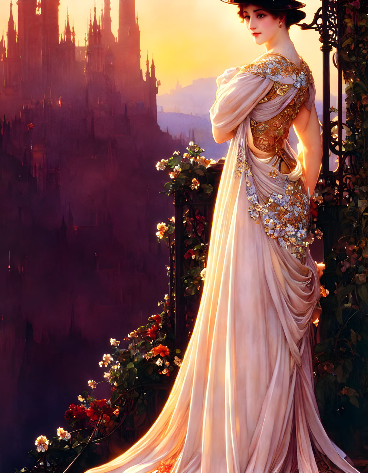 Woman in elegant dress by balcony overlooking sunset-lit castle