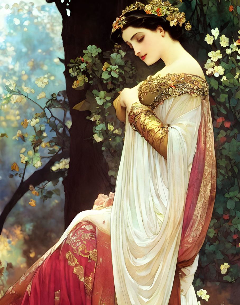 Classical painting of woman in flowing robes and floral crown surrounded by nature