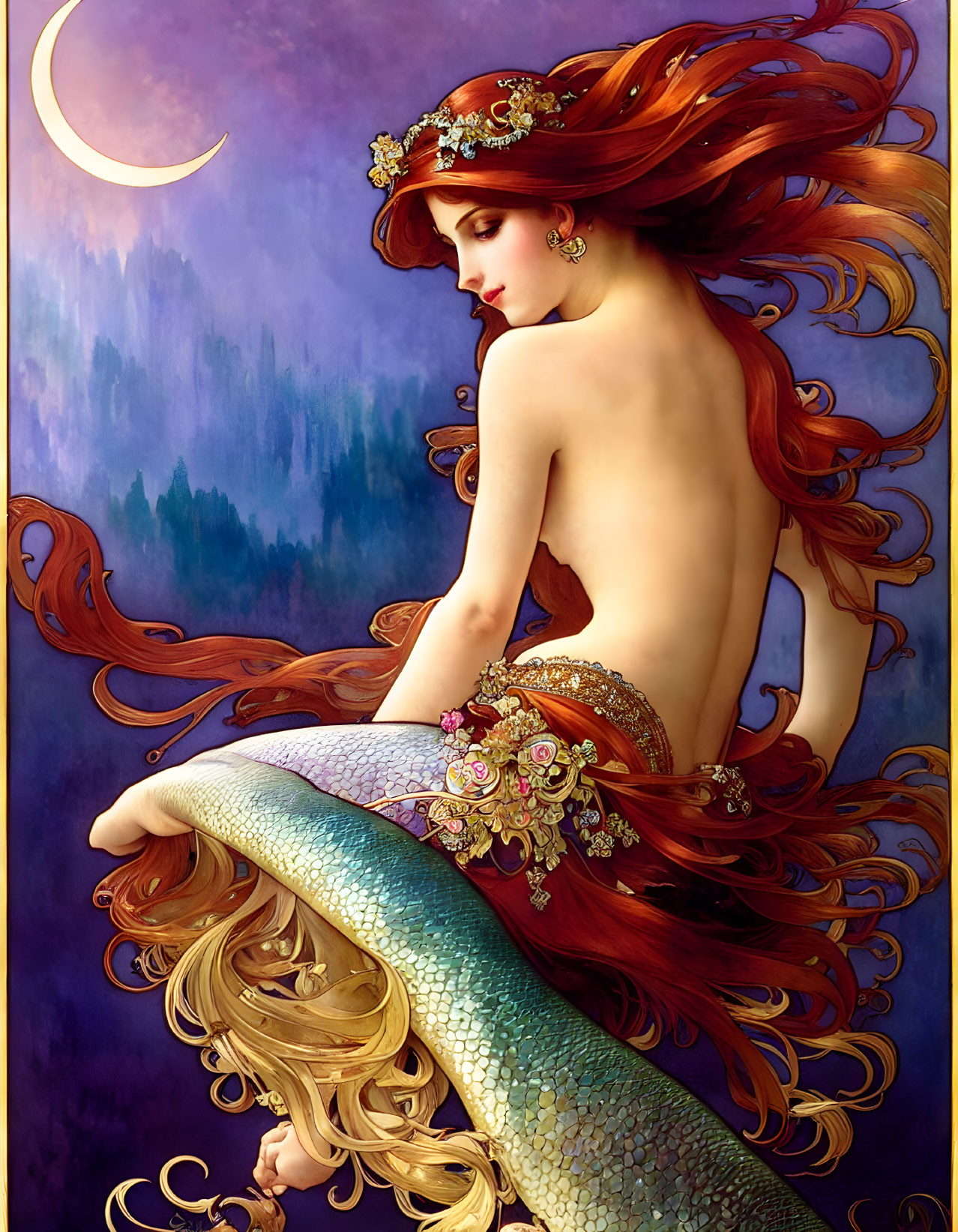 Fantasy artwork featuring a red-haired mermaid under a crescent moon