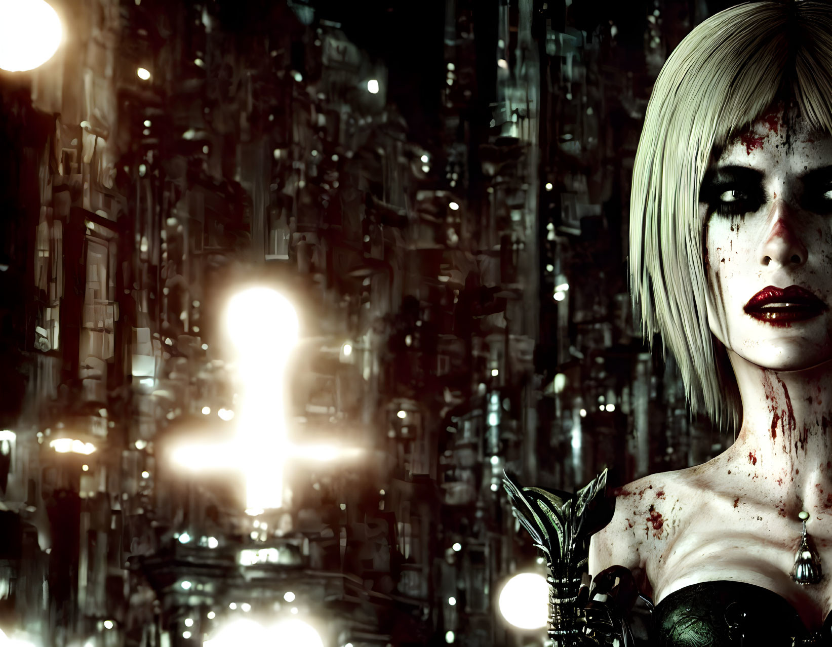 Blonde woman with blood spatters in cyberpunk cityscape