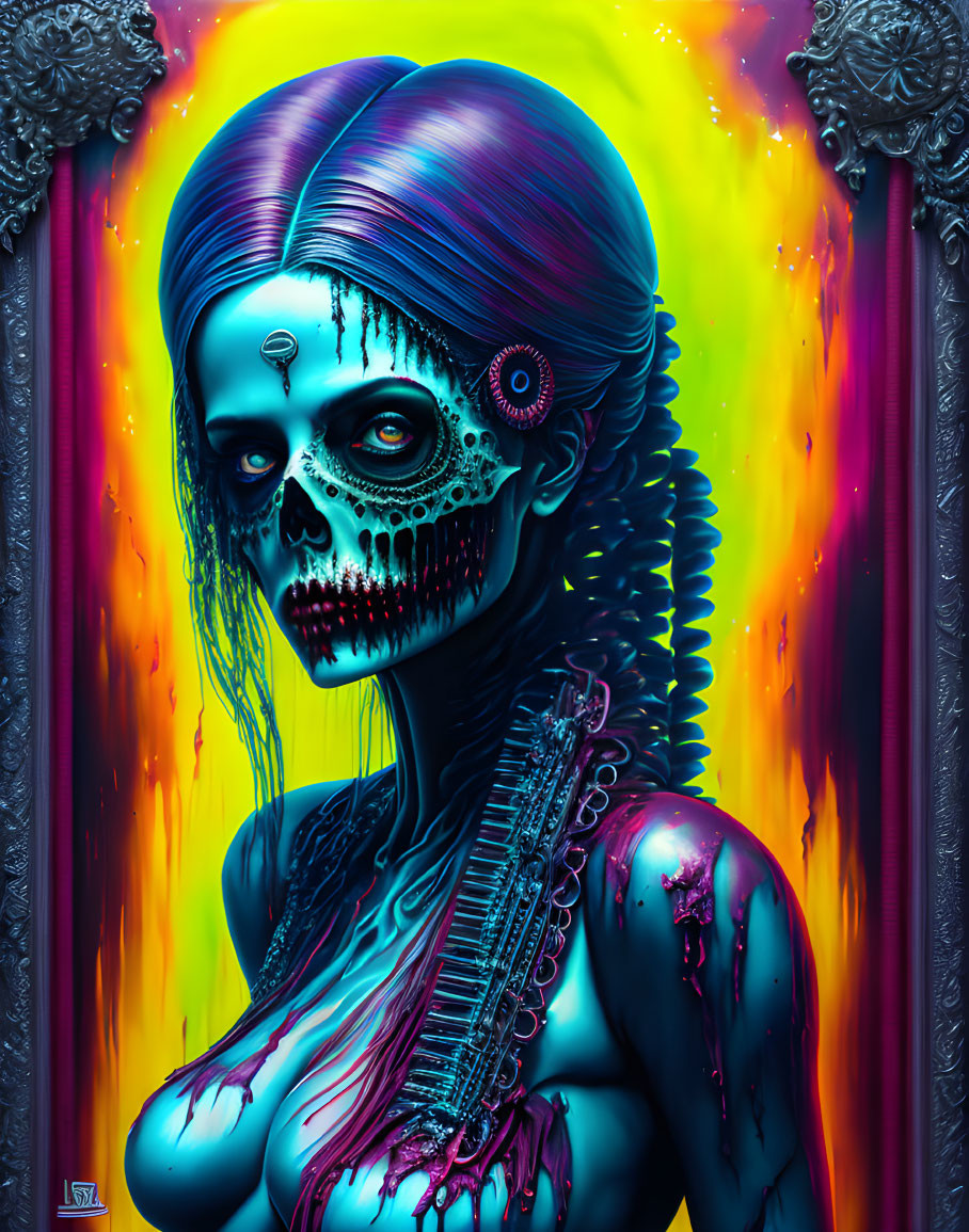 Colorful Gothic Artwork: Humanoid Figure with Skeletal Face