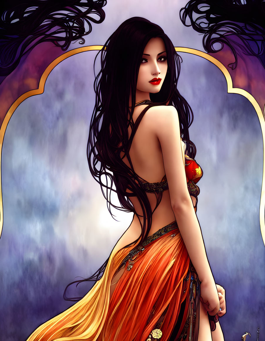 Illustrated female character with long black hair and flowing orange dress on purple fantasy background