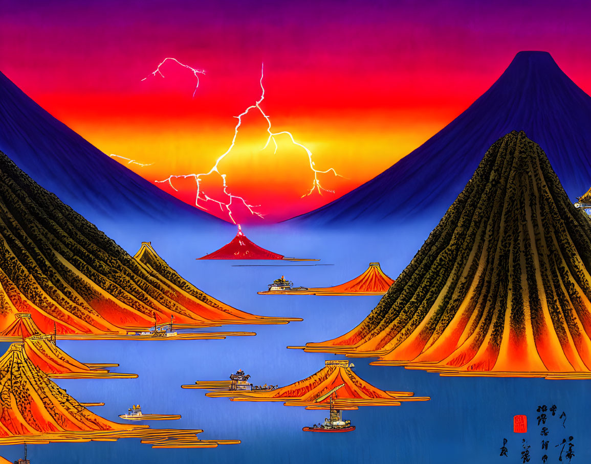 Colorful digital artwork of stylized mountains, fiery sky, lightning, and traditional boats.