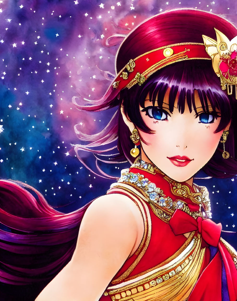 Illustration of girl with purple hair in traditional attire on starry backdrop