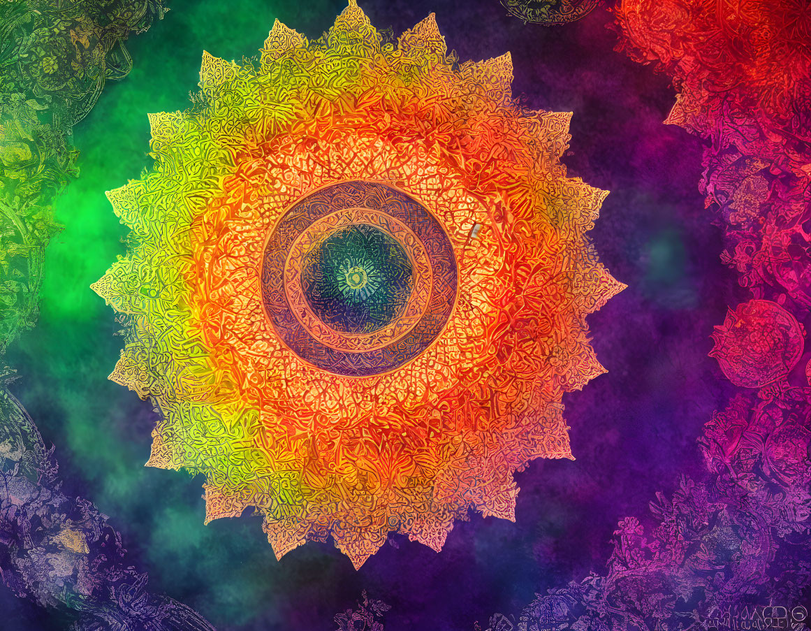 Colorful Mandala Design Transitioning from Orange to Purple on Textured Background