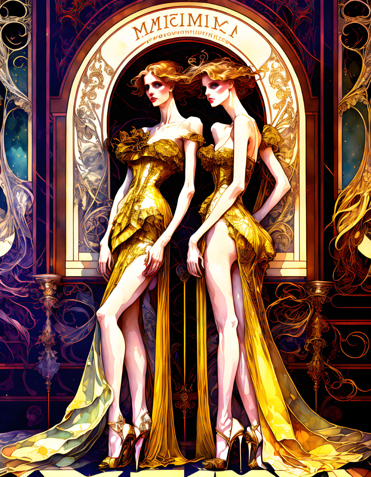 Symmetrical animated characters in gold dresses by ornate arched window