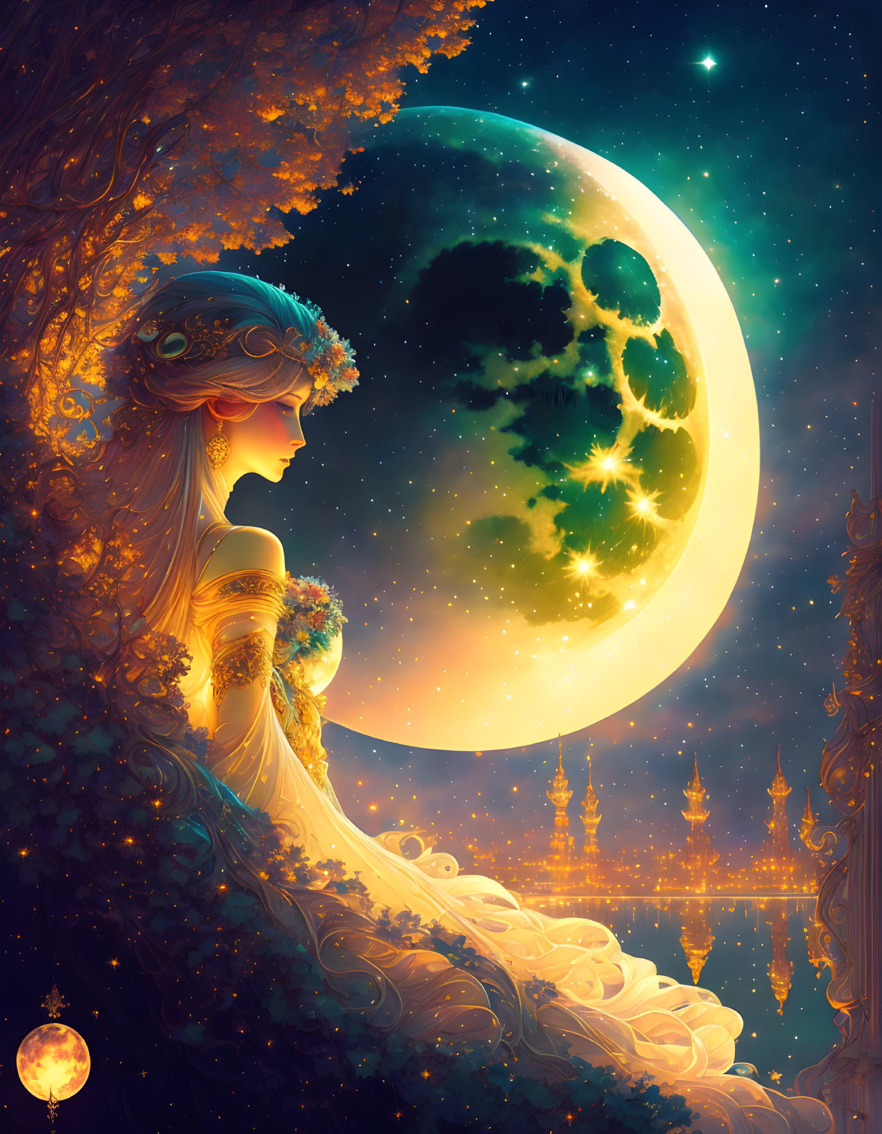 Illustration of woman in flowing dress with crescent moon and stars, golden architecture