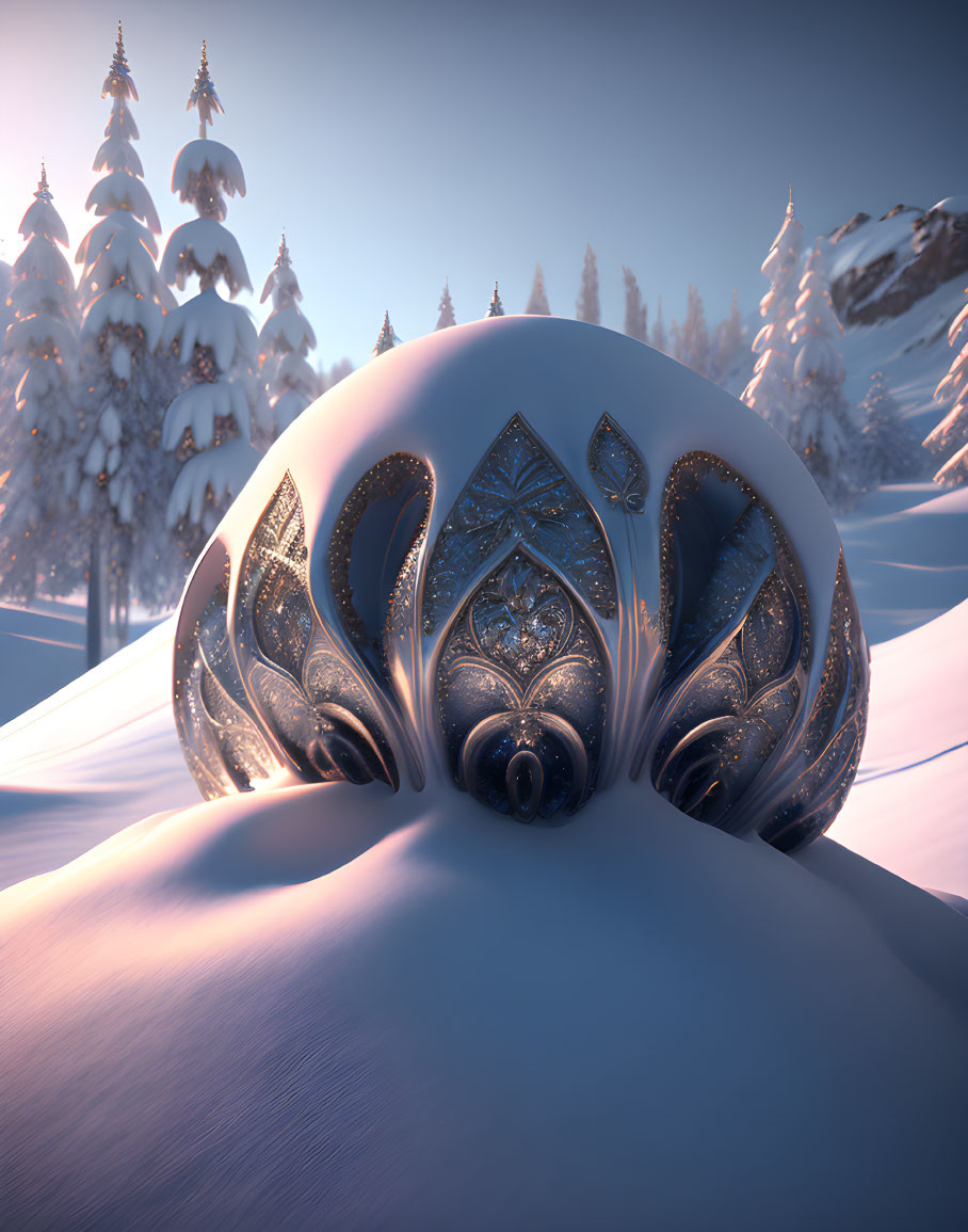 Intricate Metallic Structure in Snowy Landscape