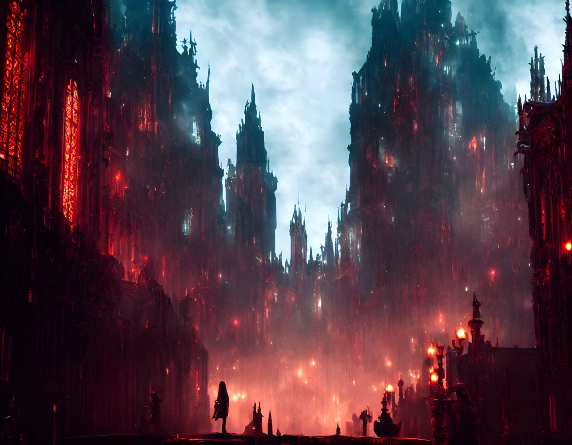 Silhouette of person among Gothic buildings under red sky