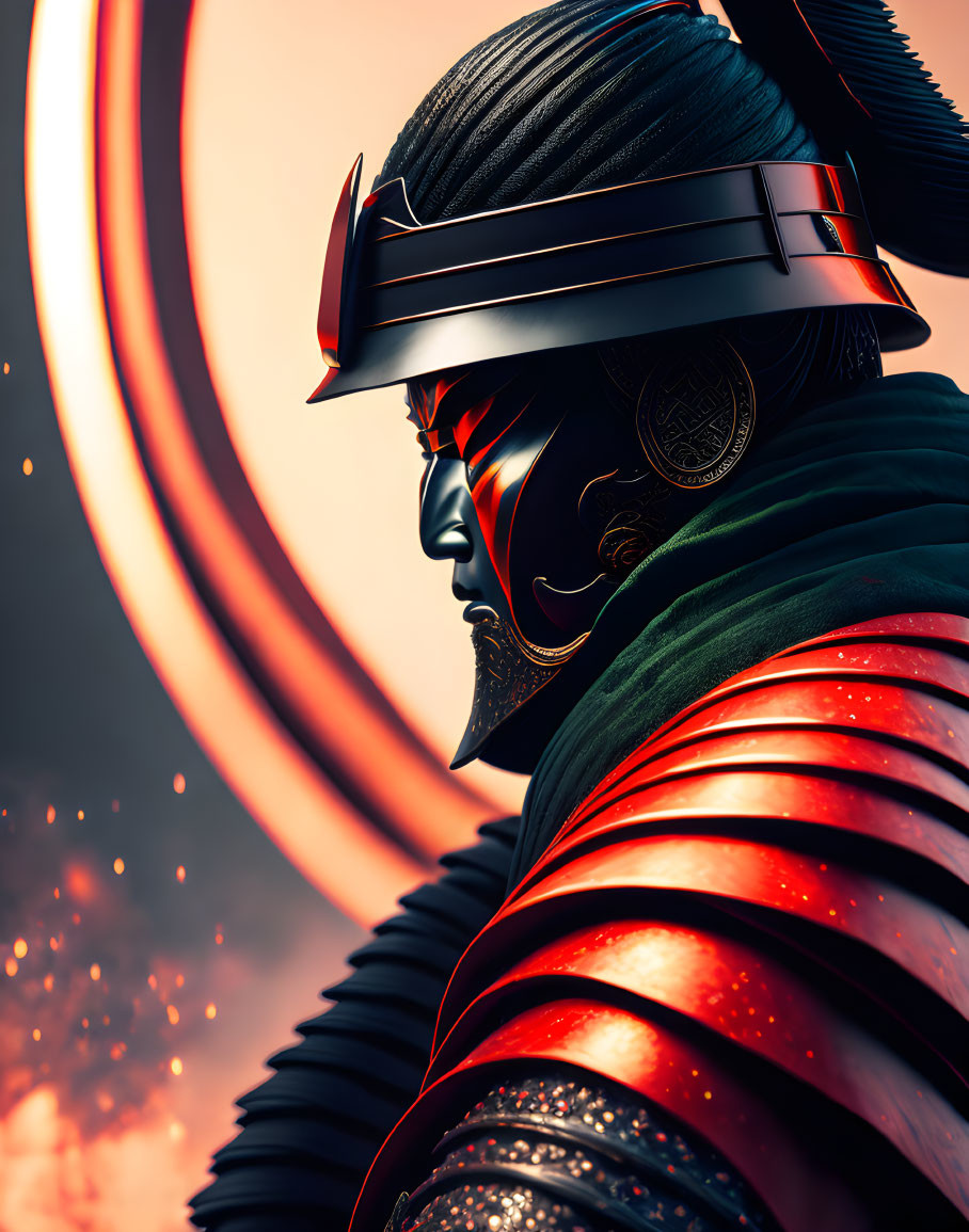 Detailed Stylized Samurai Profile with Red Swirling Pattern and Embers