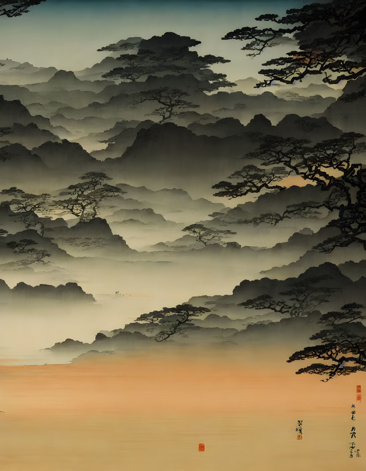 Tranquil mist-covered landscape with layered mountains and silhouetted trees in ink wash painting.